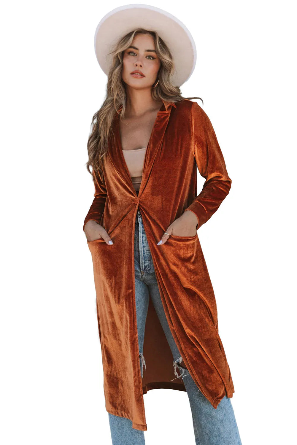 Brown Retro Velvet Long Sleeve Pocket Coat - Chic Meadow Boutique 