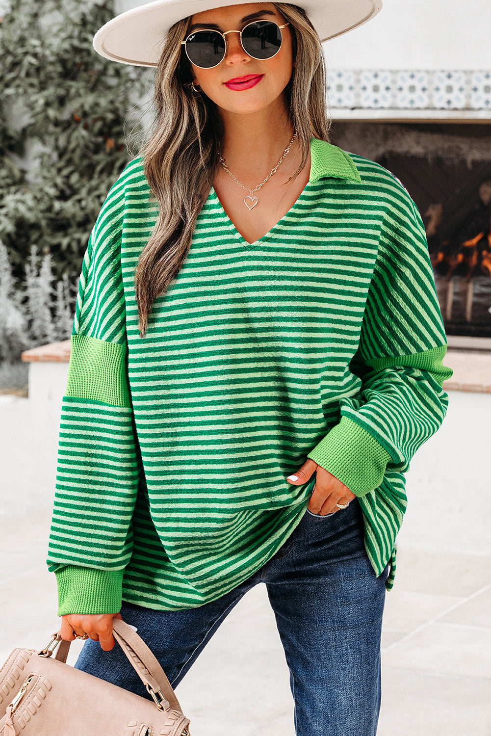 Green Stripe Turn-Down V Neck Patchwork Loose Top