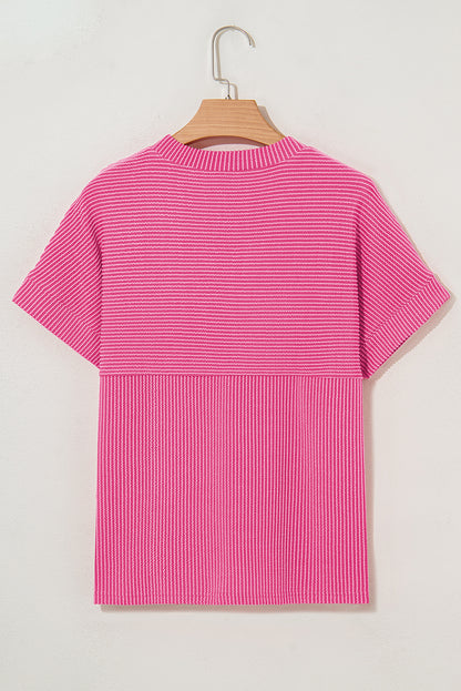 Bright Pink Plain Corded Knit Mock Neck T Shirt