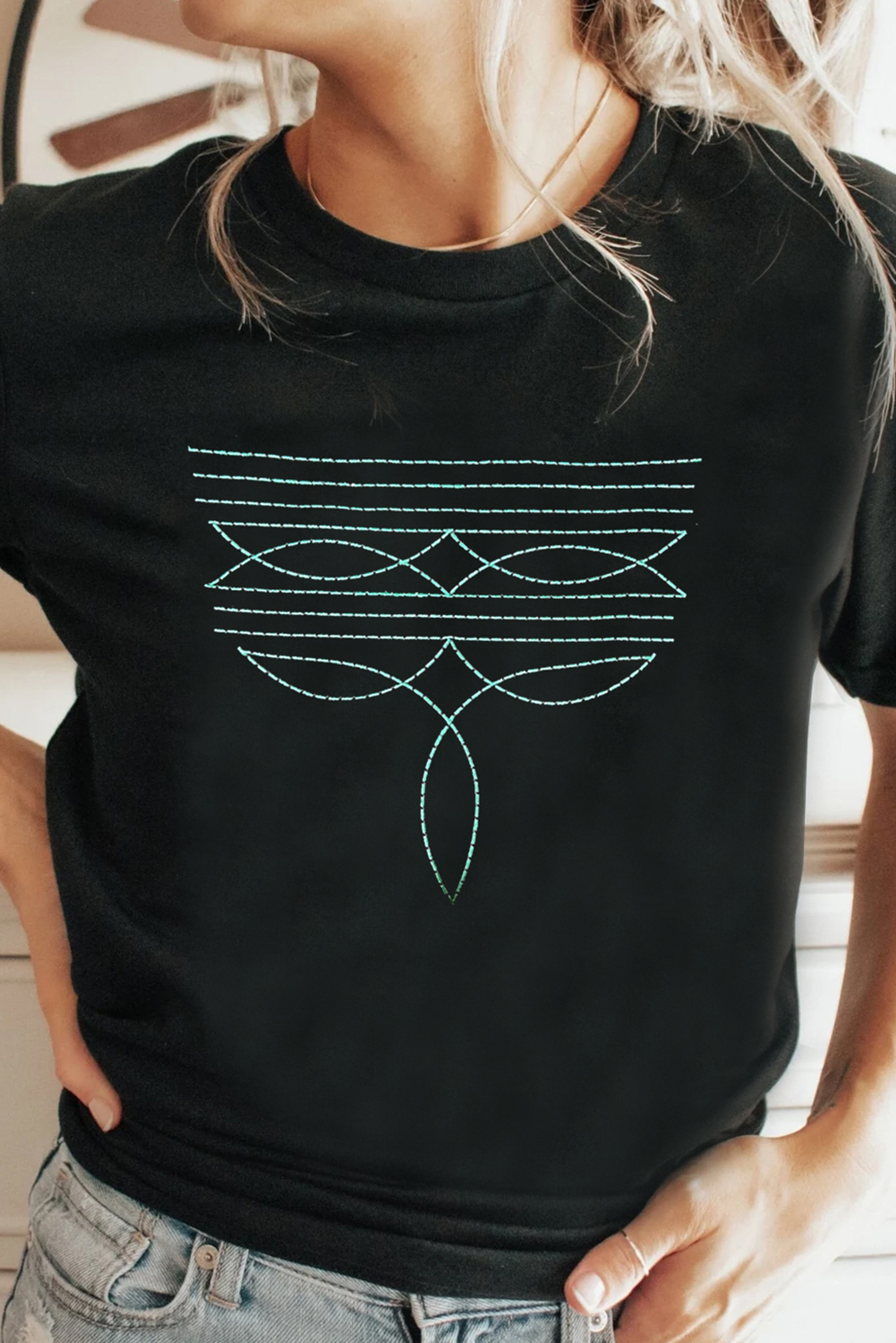 Black Western Fashion Geometric Embroidered T Shirt