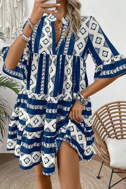 Blue Geometric Print V Neck Ruffled Dress - Chic Meadow Boutique 