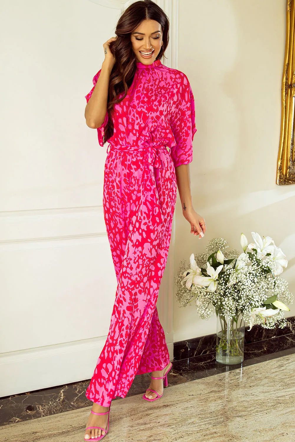 Rose Leopard Loose Sleeve Belted Wide Leg Jumpsuit - Chic Meadow Boutique 