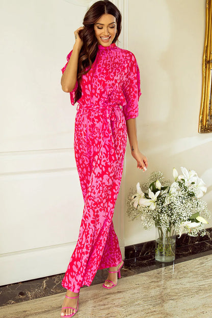 Rose Leopard Loose Sleeve Belted Wide Leg Jumpsuit - Chic Meadow Boutique 