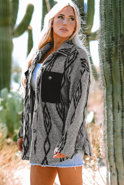 Gray Aztec Contrast Chest Pockets Loose Shacket - Chic Meadow Boutique 