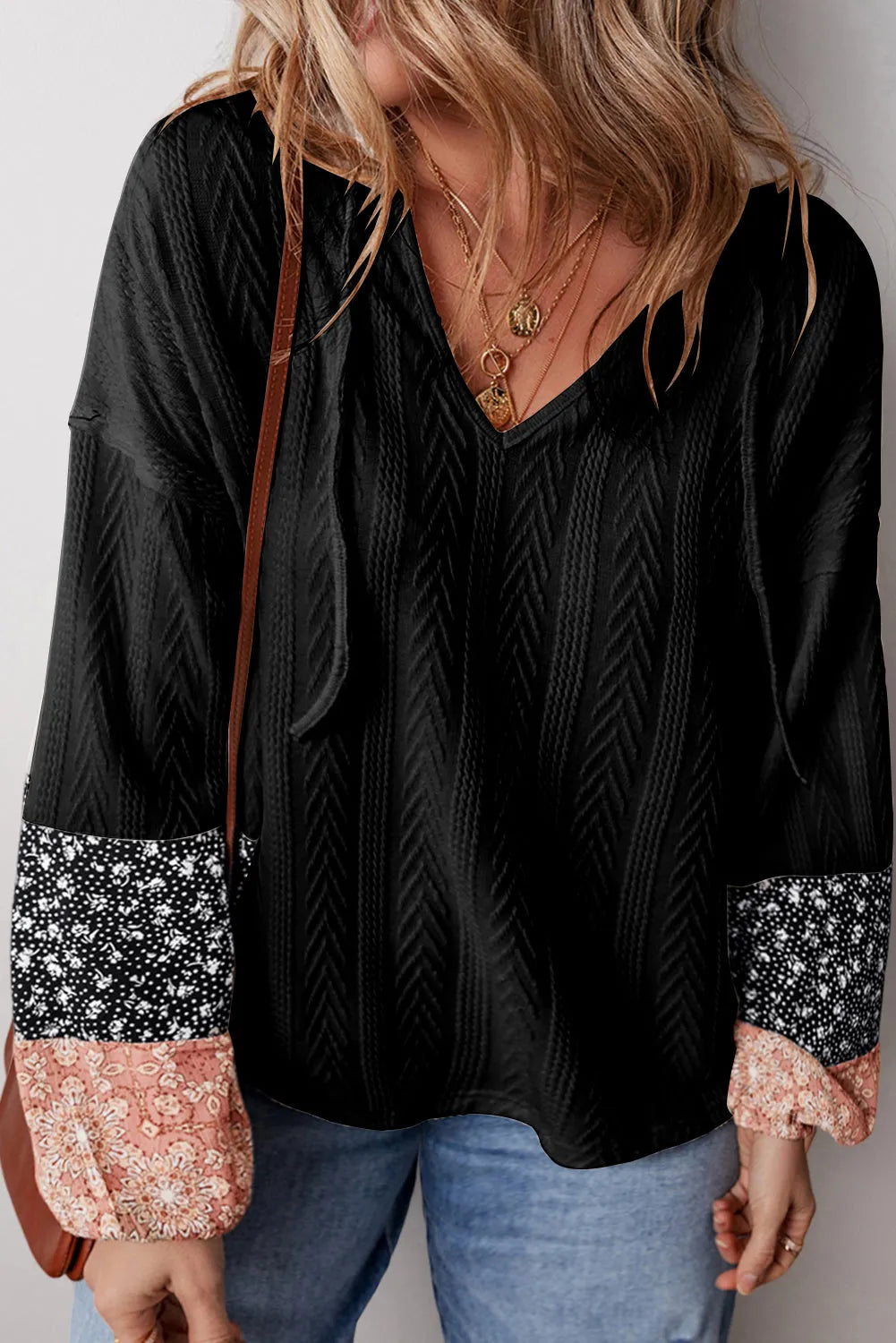 Black Floral Patchwork Textured Knit Drawstring V Neck Blouse - Chic Meadow Boutique 