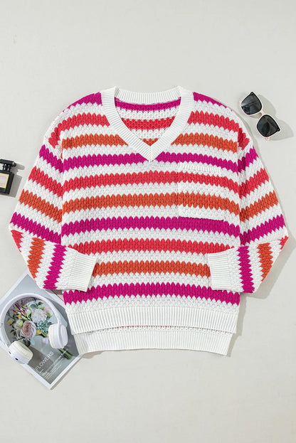 Pink Stripe V Neck Drop Shoulder Plus Size Sweater - Chic Meadow Boutique 