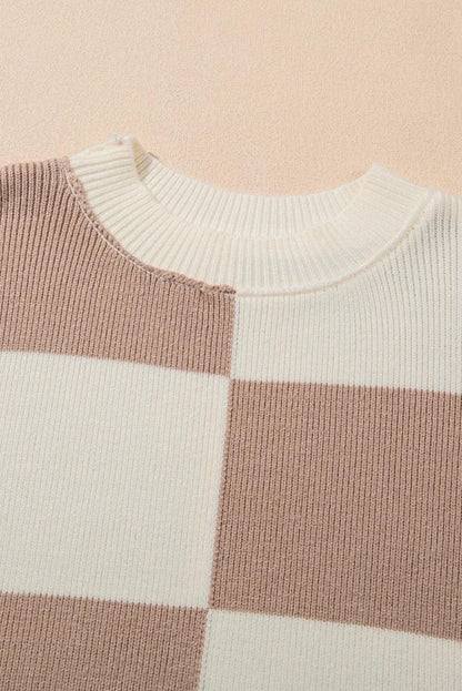 Sweaters & Cardigans/Sweaters Khaki Checkered Side Slits Drop Shoulder Oversized Sweater