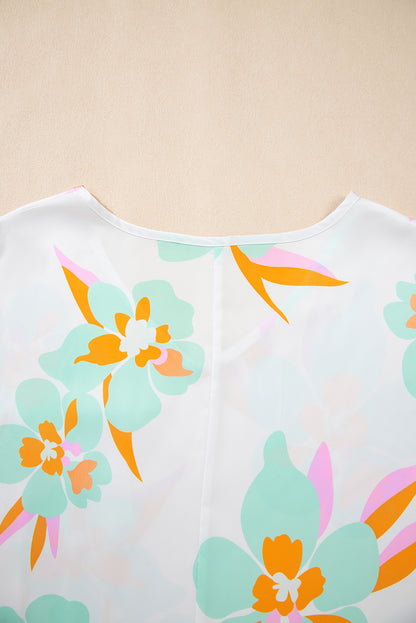 Green Floral Print Loose Fit V Neck Half Sleeve Blouse