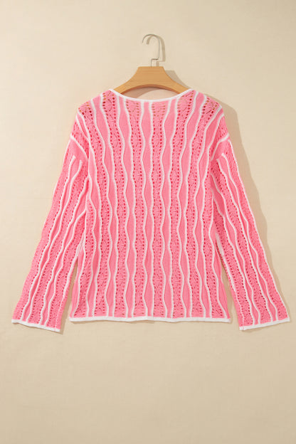Pink Wavy Detail Hollow Out Knit Long Sleeve Cotton Pullover Sweater