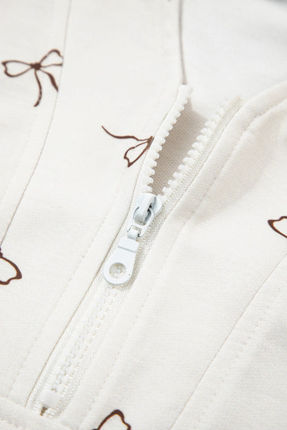 Beige Bow Print Half Zip Tank and Shorts 2pcs Set