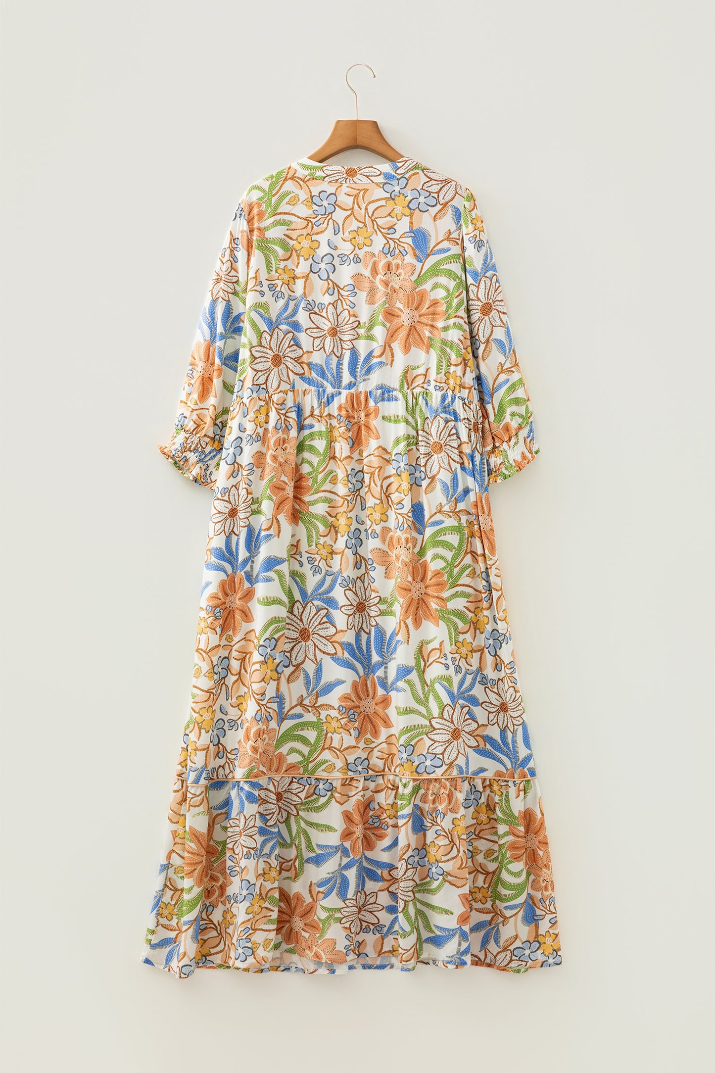 Khaki Floral Print 3/4 Sleeves Tiered Plus Size Long Dress