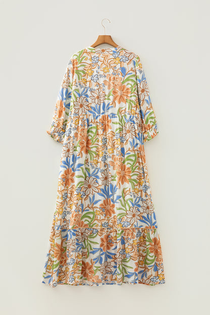 Khaki Floral Print 3/4 Sleeves Tiered Plus Size Long Dress