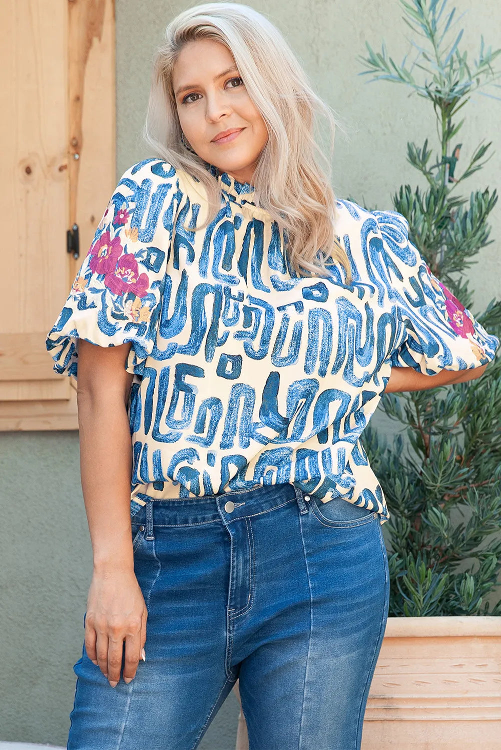 Sky Blue Stripe Plus Size Abstract Print Floral Embroidered Puff Sleeve Blouse - Chic Meadow Boutique 