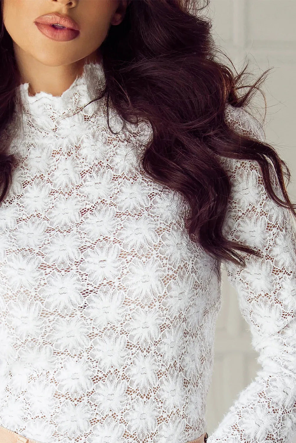 White Floral Lace High Neck Long Sleeve Top - Chic Meadow Boutique 