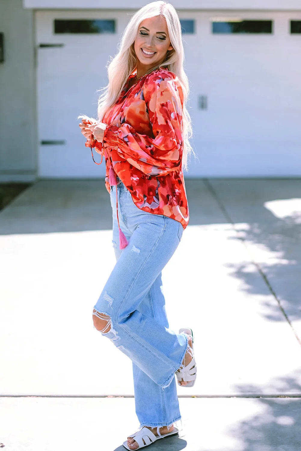 Fiery Red Floral Print Split Neck Tassel Tie Blouse - Chic Meadow Boutique 