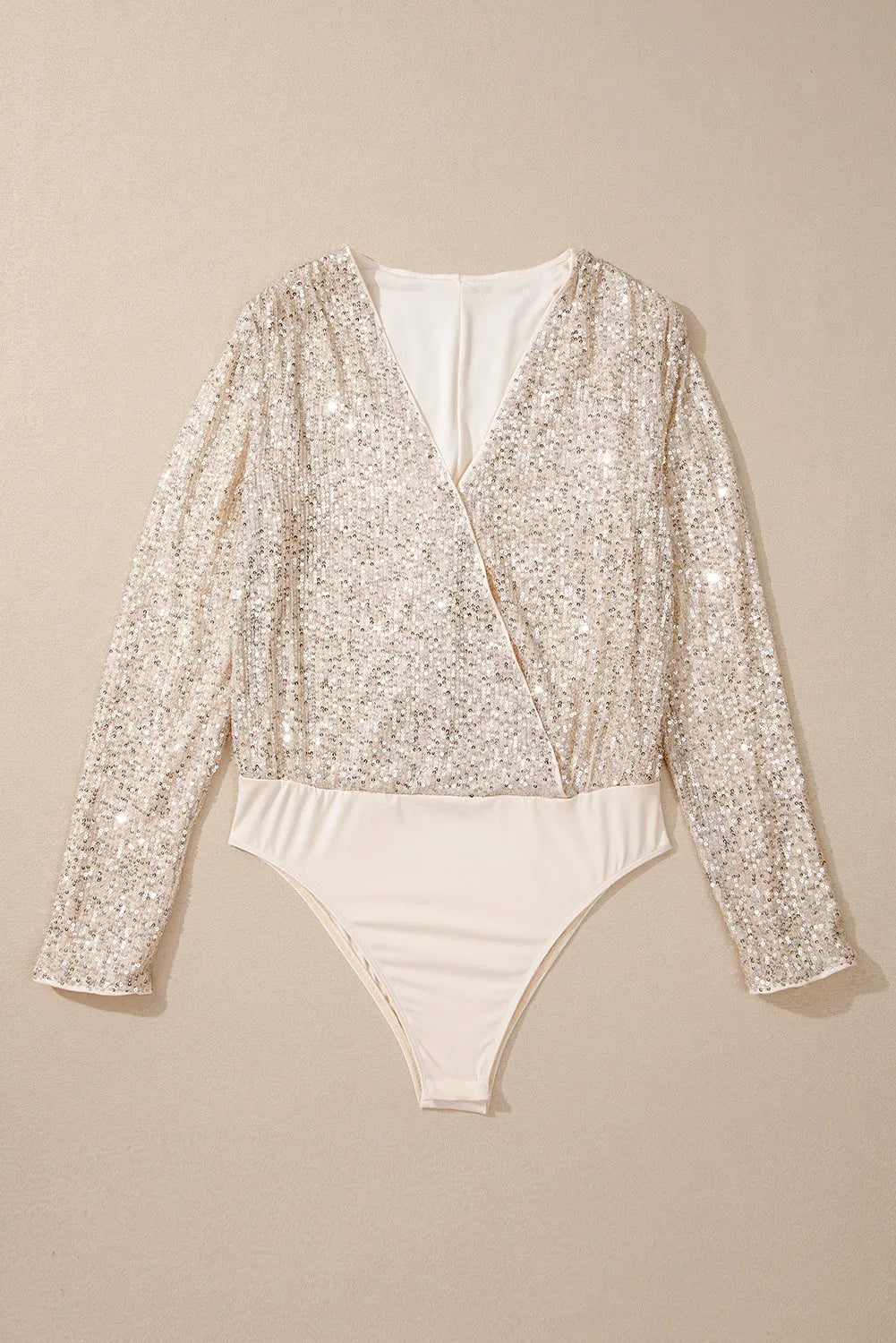 Beige Sequin Long Sleeve Wrap V Neck Bodysuit - Chic Meadow Boutique 