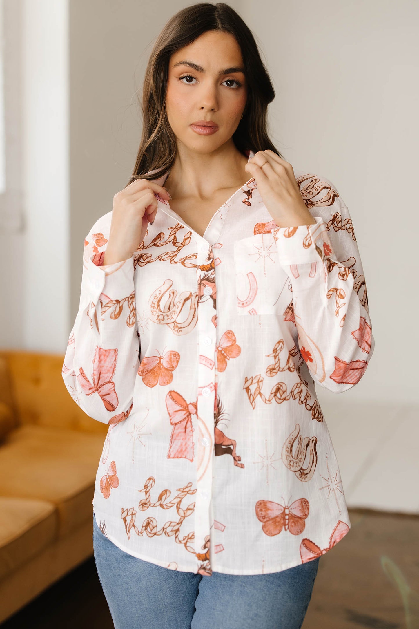 White Rodeo Cowgirl Print Western Button up Shirt