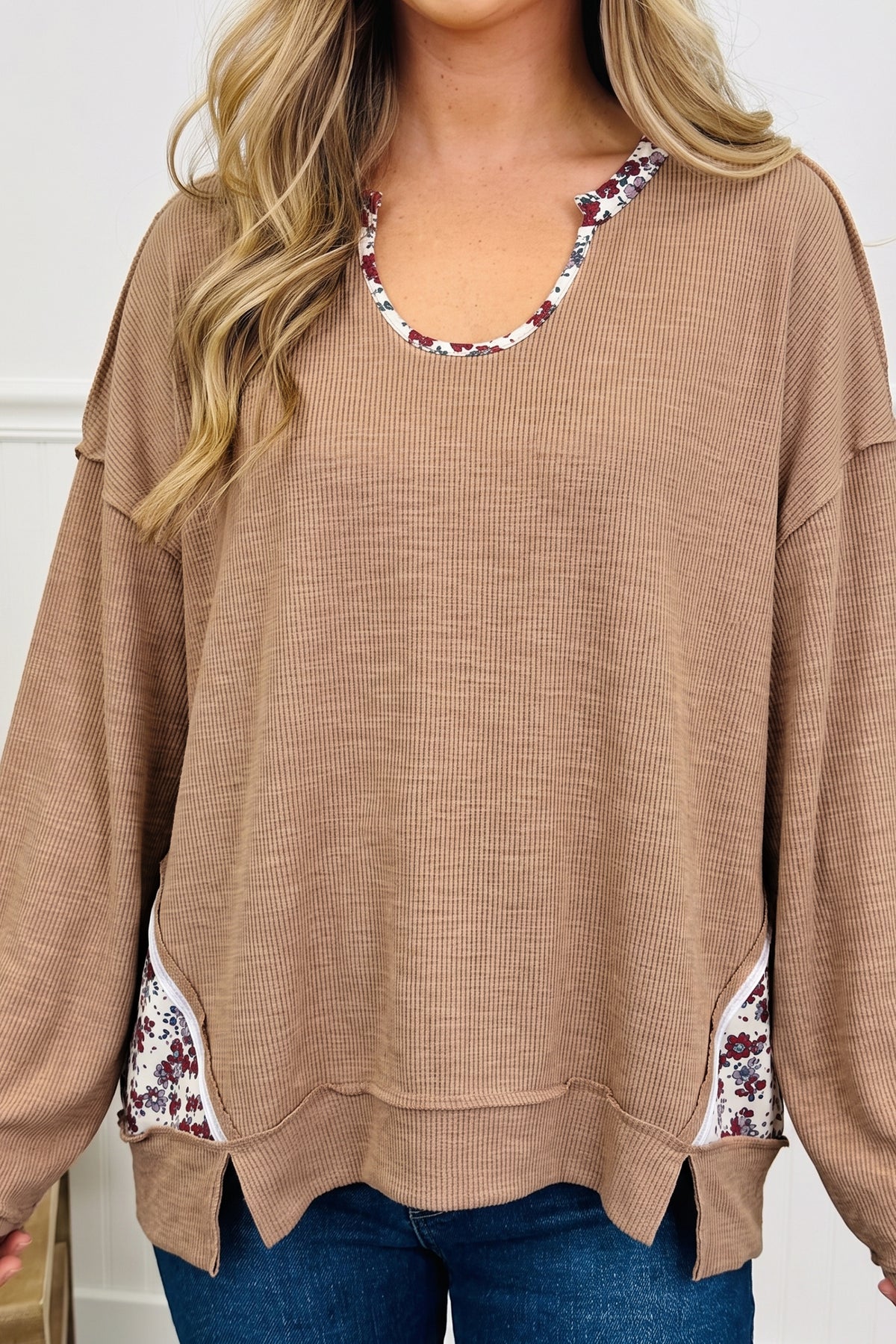 Light French Beige Floral Trim U Neck Long Sleeve Tunic Casual Pullover Top
