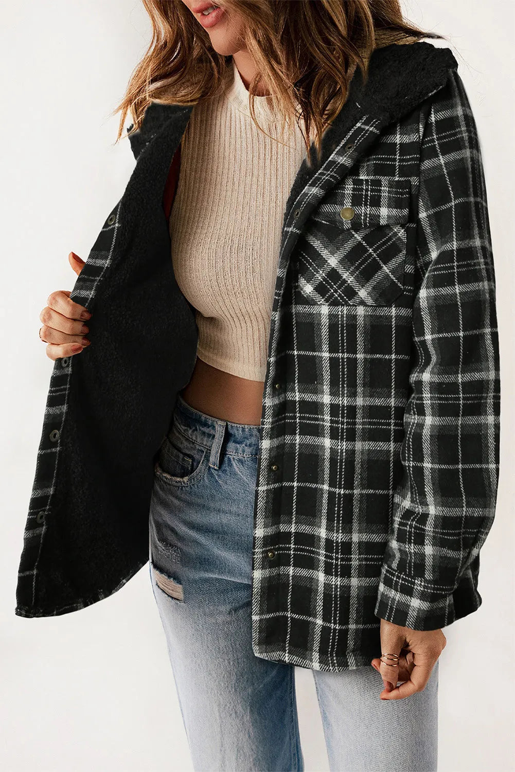 Black Plaid Pattern Sherpa Lined Hooded Shacket - Chic Meadow Boutique 