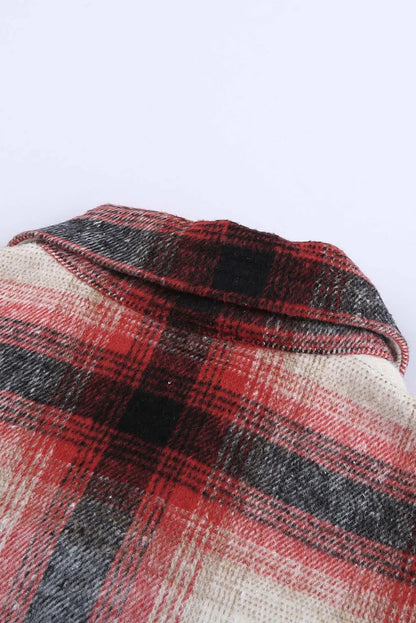 Red Turn down Neck Plaid Pocket Button Closure Coat - Chic Meadow Boutique 