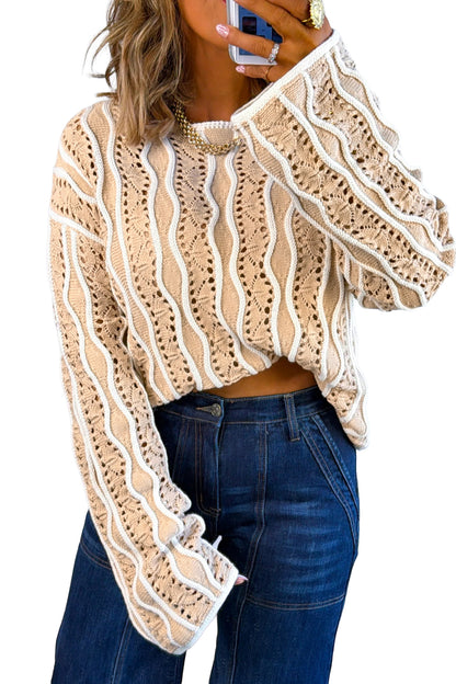 Khaki Wavy Detail Hollow Out Knit Long Sleeve Cotton Pullover Sweater