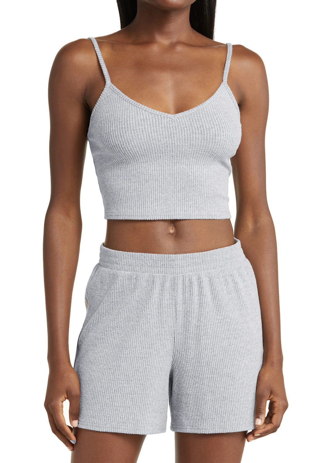 Light Grey 3 Pieces Rib Crop Camisole Matching Shorts Lounge Set with Cardigan