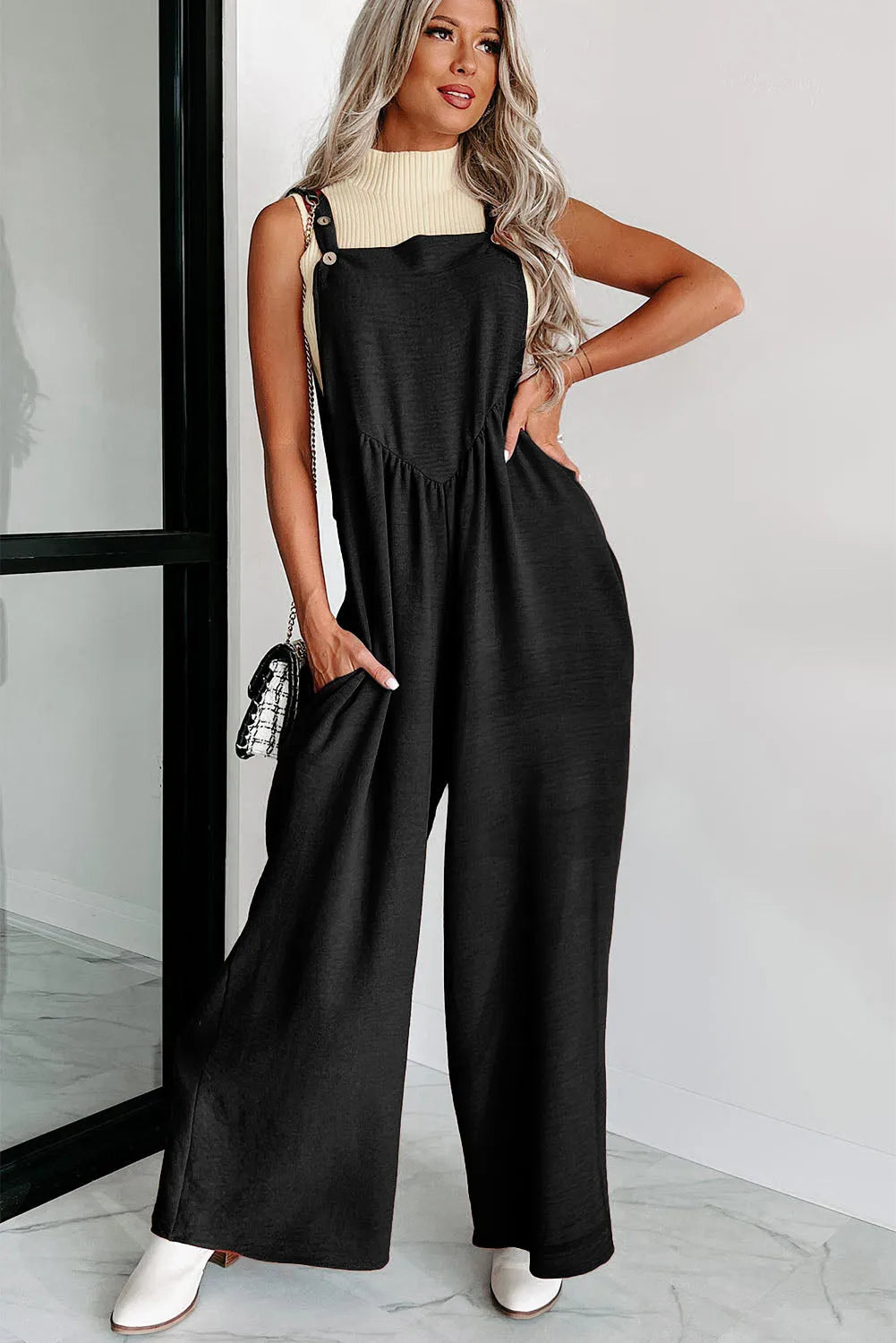 Black Textured Buttoned Straps Ruched Wide Leg Jumpsuit - Chic Meadow Boutique 