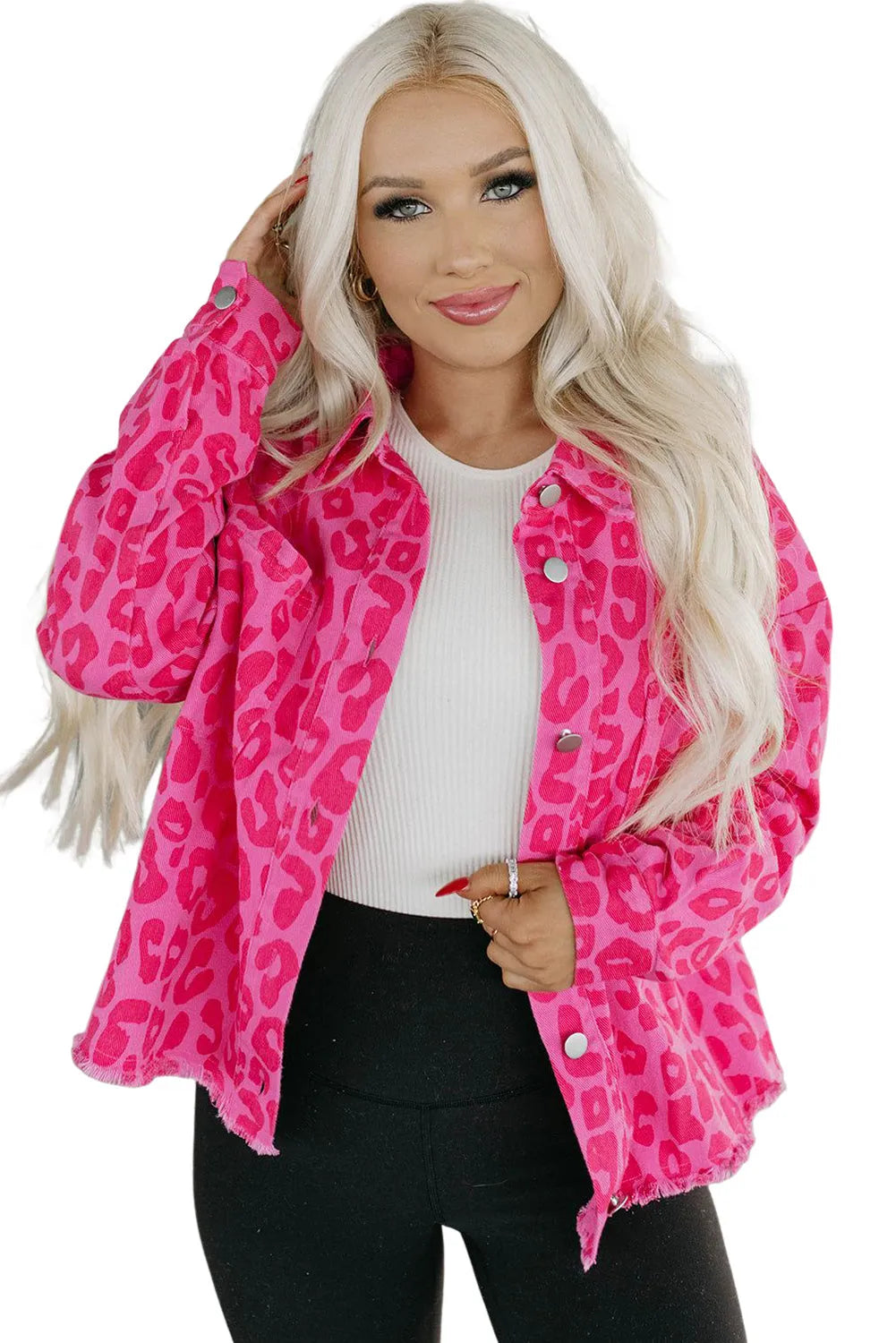 Outerwear/Denim jackets Pink Leopard Print Button Cuffs Raw Hem Jacket