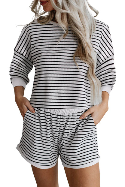 Black Stripe Textured 3/4 Sleeve Top and Shorts Set - Chic Meadow Boutique 