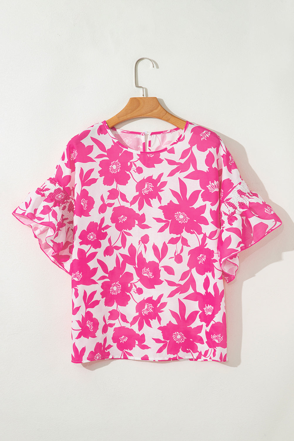 Pink Floral Printed Ruffled Short Sleeve Round Neck Loose Blouse