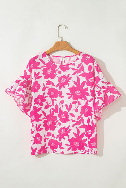 Pink Floral Printed Ruffled Short Sleeve Round Neck Loose Blouse