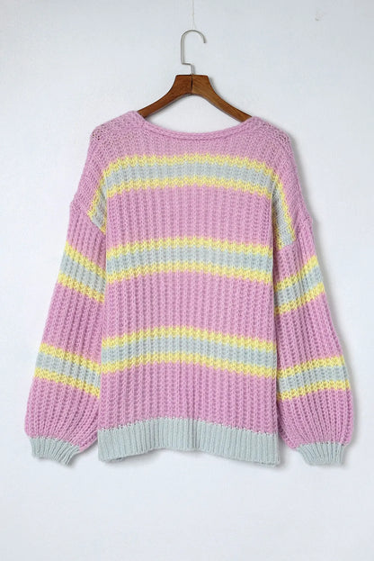 Pink Contrast Striped Open Front Cable Cardigan - Chic Meadow Boutique 