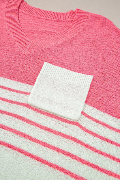 Strawberry Pink Contrast Stripes V Neck Knitted Short Sleeve Top - Chic Meadow Boutique 