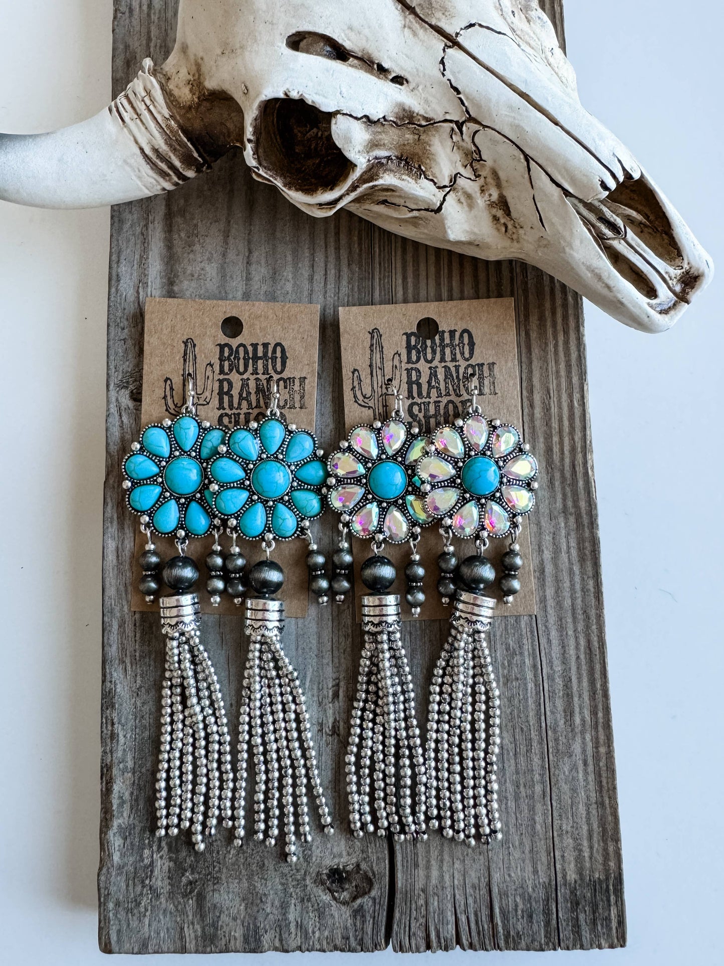 Western Concho Bead Fringe Dangle Earrings