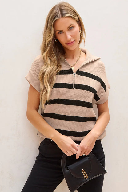 Khaki Stripe Zipped Collar Short Sleeve Sweater - Chic Meadow Boutique 