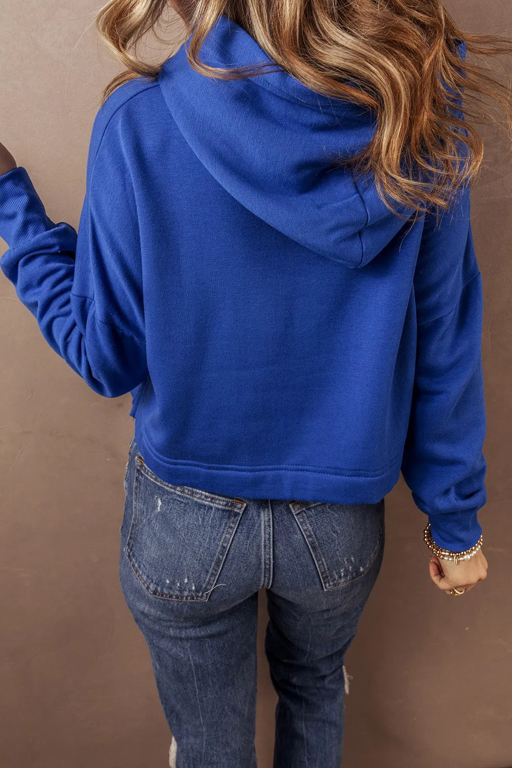 Dark Blue Solid Drop Shoulder Drawstring Cropped Hoodie - Chic Meadow Boutique 