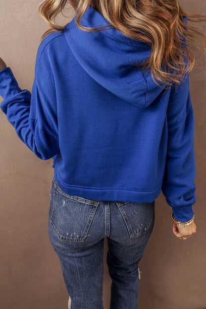 Dark Blue Solid Drop Shoulder Drawstring Cropped Hoodie - Chic Meadow Boutique 