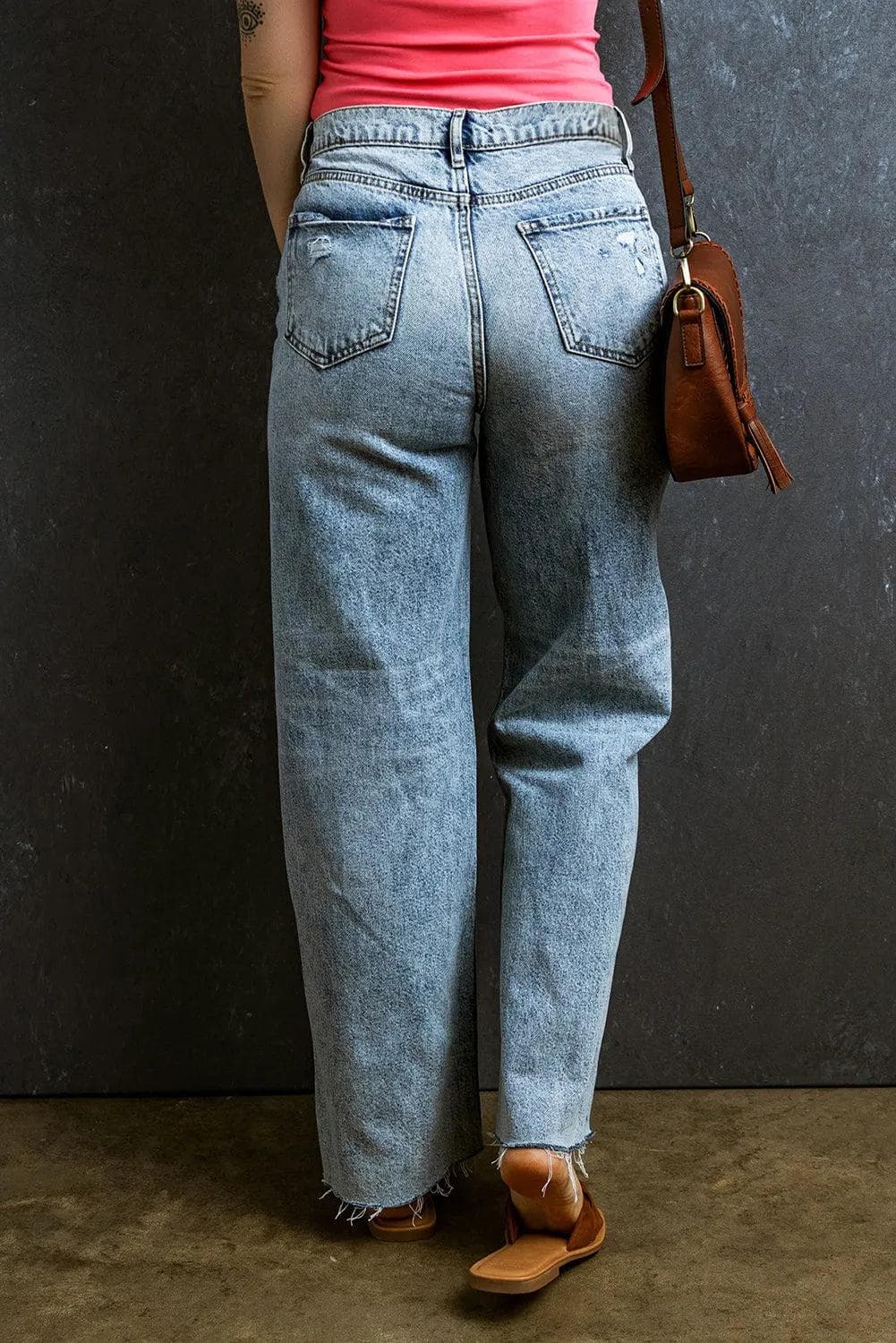 Bottoms/Jeans Light Blue Distressed Ripped Raw Hem Straight Jeans