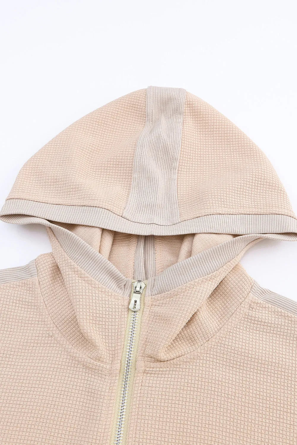 Khaki Thermal Waffle Knit Full Zipper Hooded Jacket - Chic Meadow Boutique 