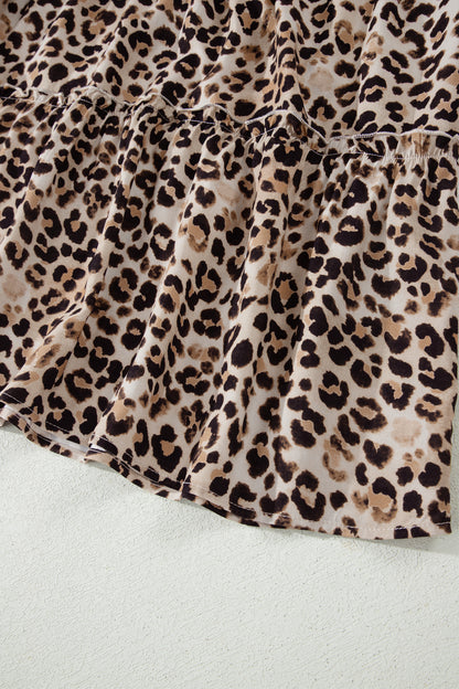 Brown Ruffled Straps Smocked Tiered Leopard Maxi Dress