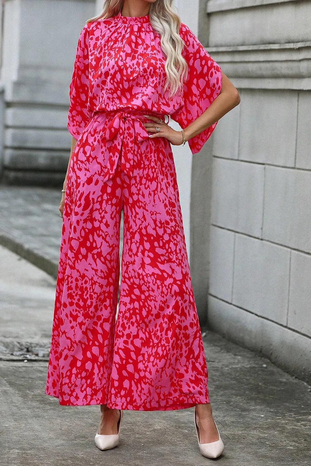 Rose Leopard Loose Sleeve Belted Wide Leg Jumpsuit - Chic Meadow Boutique 