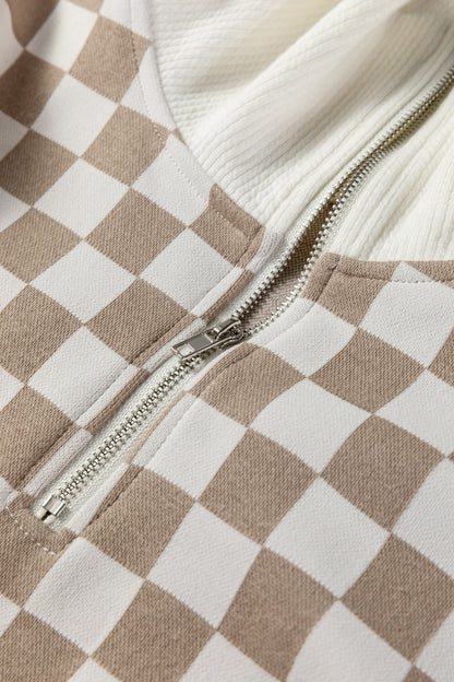 Khaki Checkered Print Quarter Zip Ribbed Patchwork Loose Sweatshirt