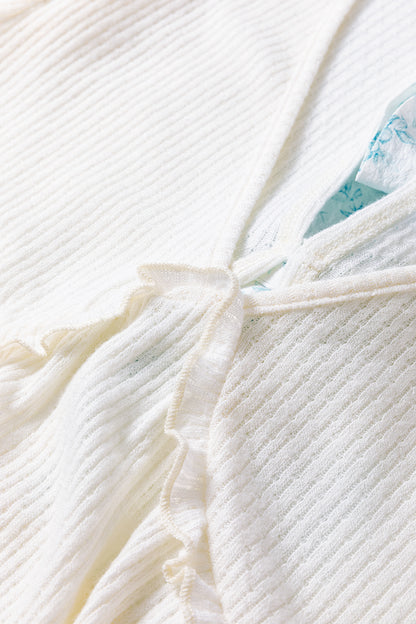 White Textured Knit V Neck Short Bubble Sleeve Peplum Top