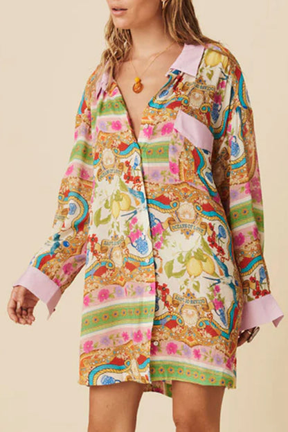 Multicolour Boho Floral Print Buttoned Long Sleeve Shirt Dress