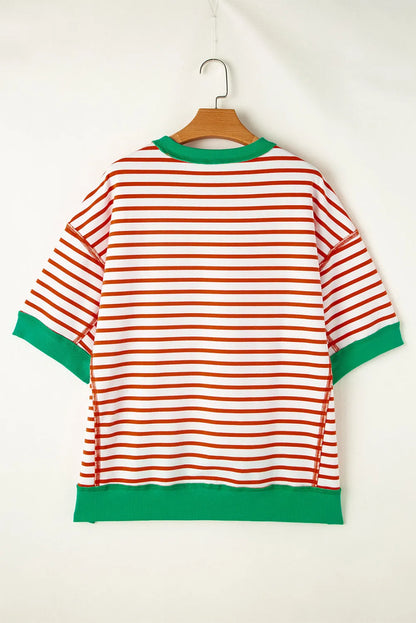 Orange Stripe Oversized Contrast Trim Exposed Seam High Low T Shirt - Chic Meadow Boutique 