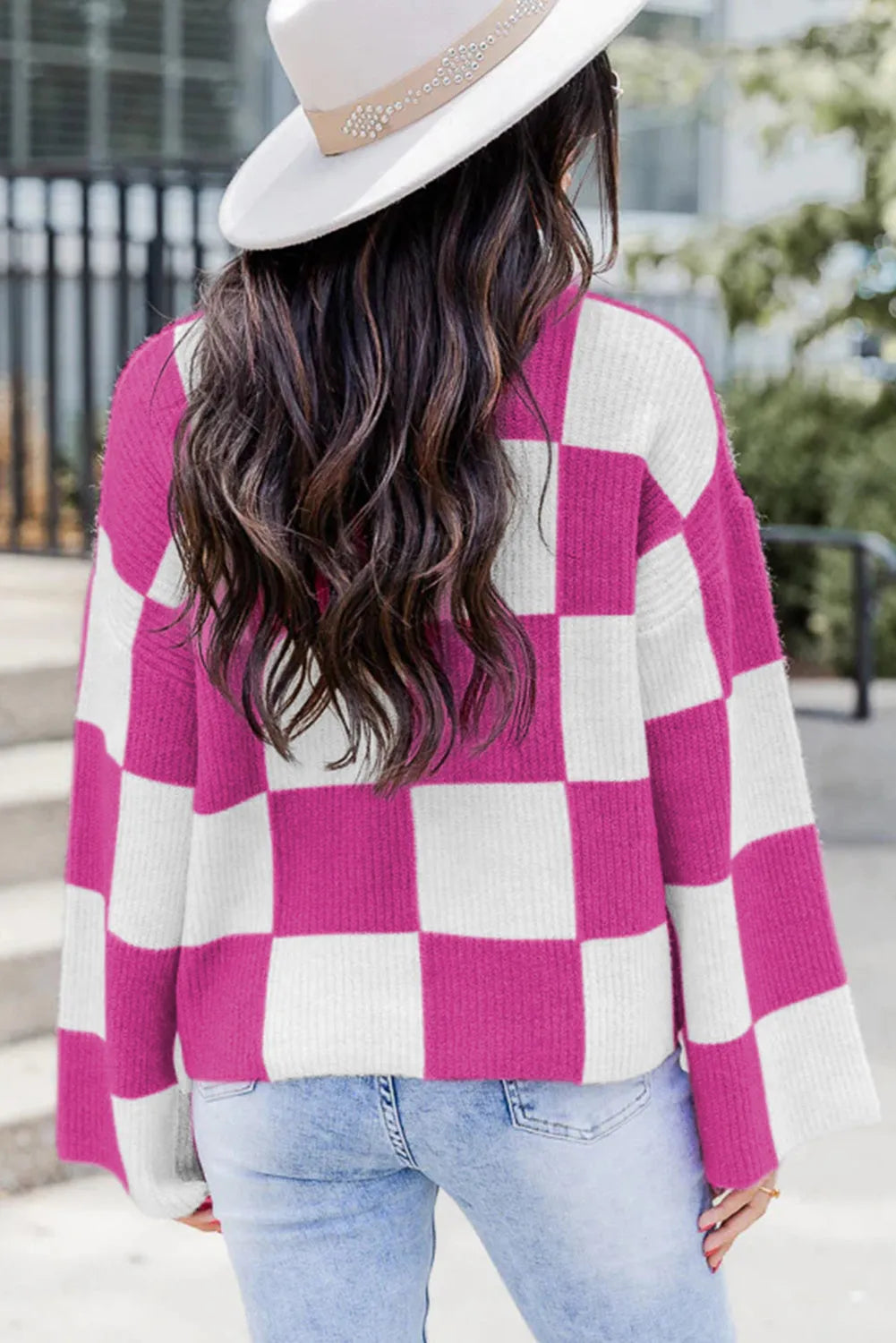 Bright Pink Checkered Round Neck Baggy Sweater - Chic Meadow Boutique 