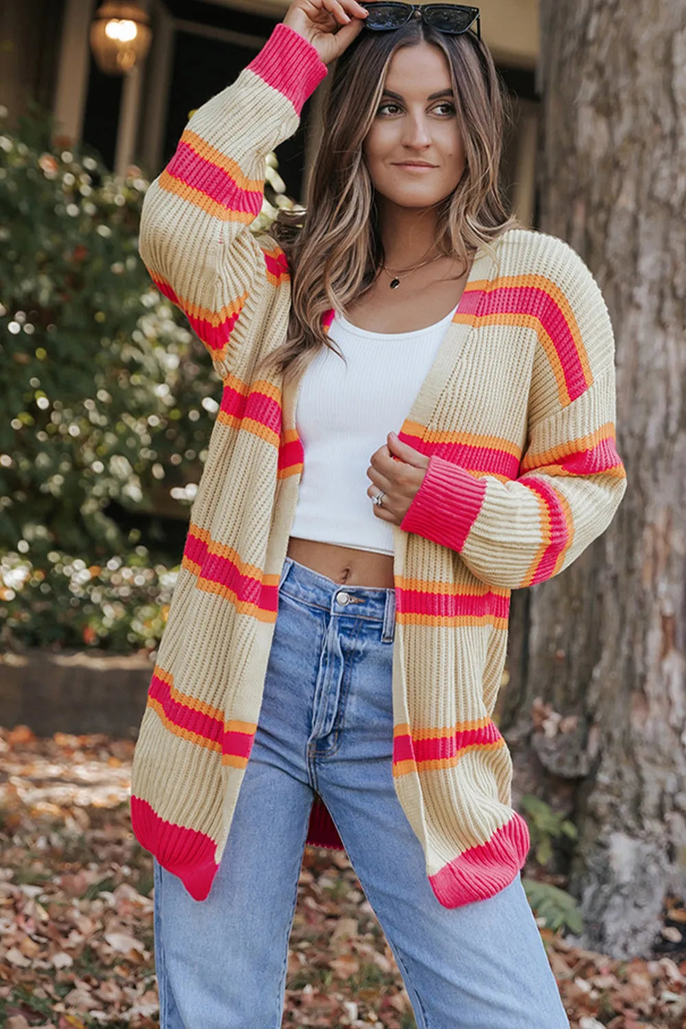 Stripe Printed Ribbed Long Knitted Cardigan - Chic Meadow Boutique 