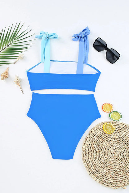 Sky Blue Ombre Color Block Tie Shoulder Bikini High Waist Swimsuit - Chic Meadow Boutique 