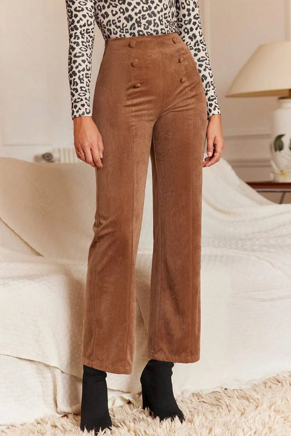 Chestnut Solid Color Double Breasted Straight Leg Pants - Chic Meadow Boutique 