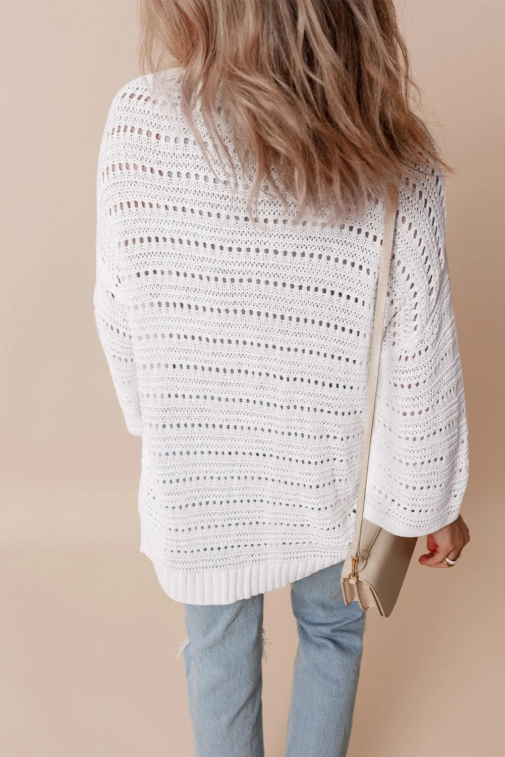 White Pointelle Knit Bracelet Sleeve Open Cardigan - Chic Meadow Boutique 